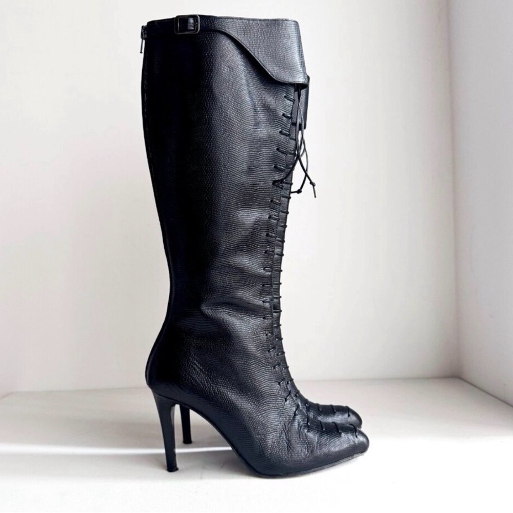 Grigiarancio Tall Lace up detail Leather Sexy Black Boots